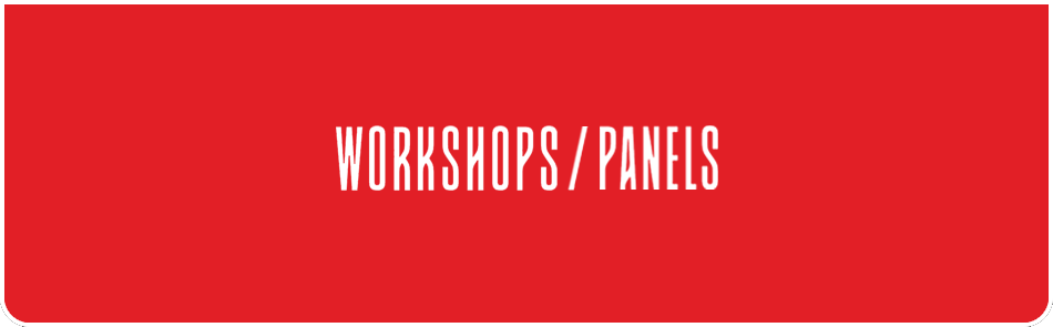 Workshops and Panels home page portfolio menu tile in white.